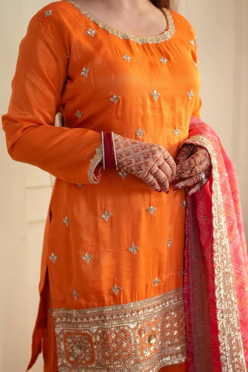 Designer Orange Embroidered Kurta Set with Pink Dupatta | Women's Festive & Party Wear