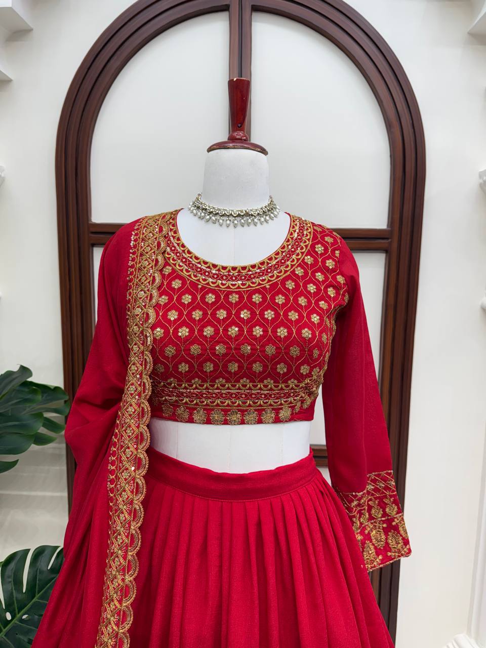 Royal Red Vichitra Silk Lehenga Choli Set | Thread & Sequence Embroidery | Wedding & Festive Wear