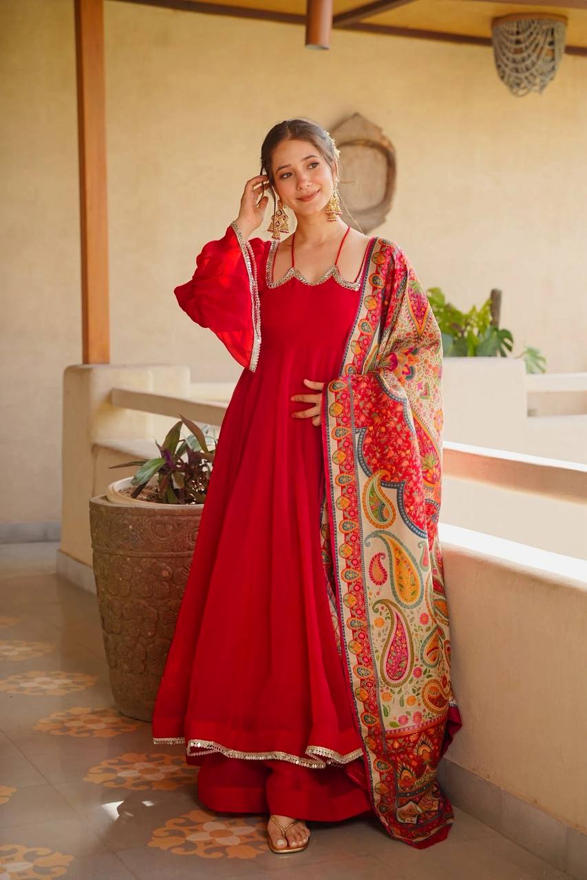 Women's Red Flared Anarkali Suit with Printed Dupatta | Festive & Party Wear Ethnic Outfit