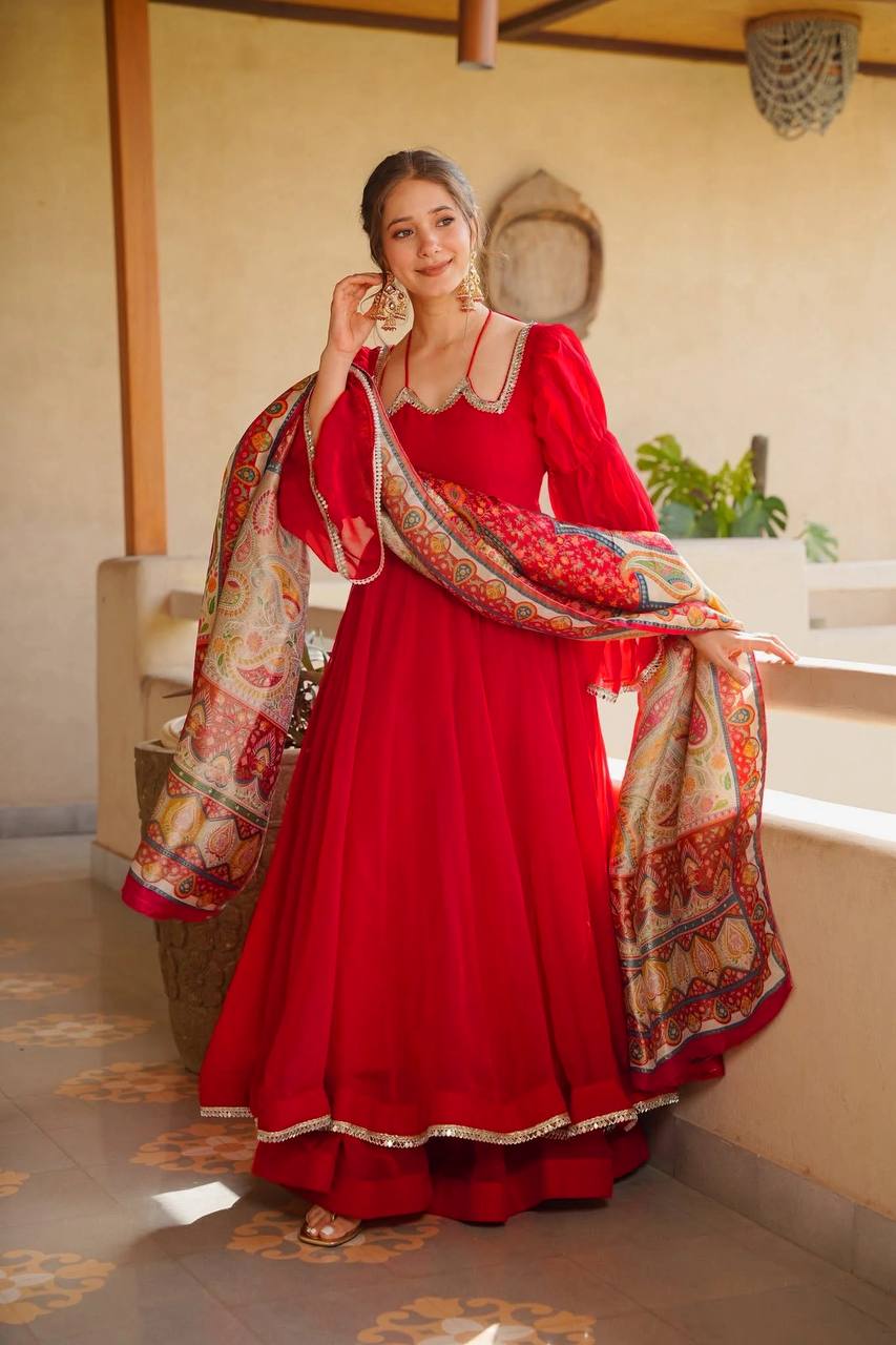 Women's Red Flared Anarkali Suit with Printed Dupatta | Festive & Party Wear Ethnic Outfit