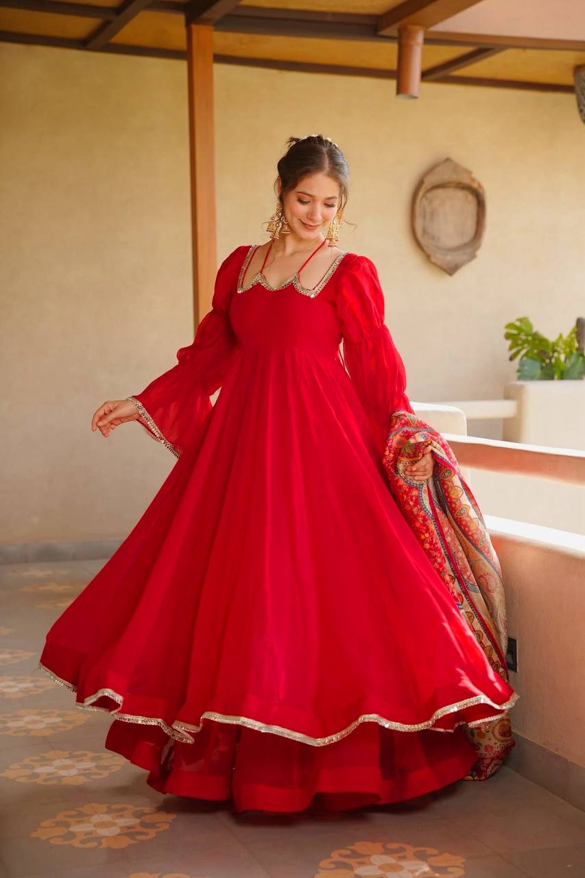 Women's Red Flared Anarkali Suit with Printed Dupatta | Festive & Party Wear Ethnic Outfit