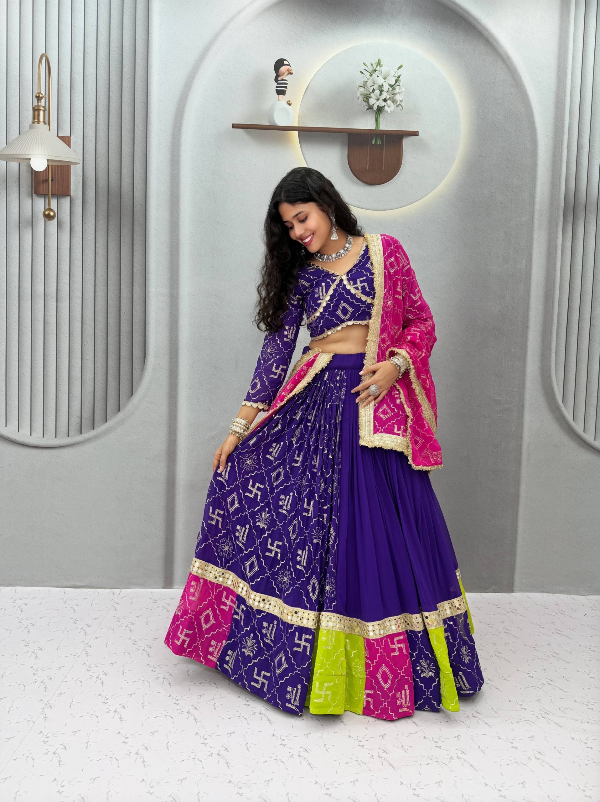 Women's Purple Navratri Lehenga Choli with Pink Bandhani Dupatta | Designer Garba Dress
