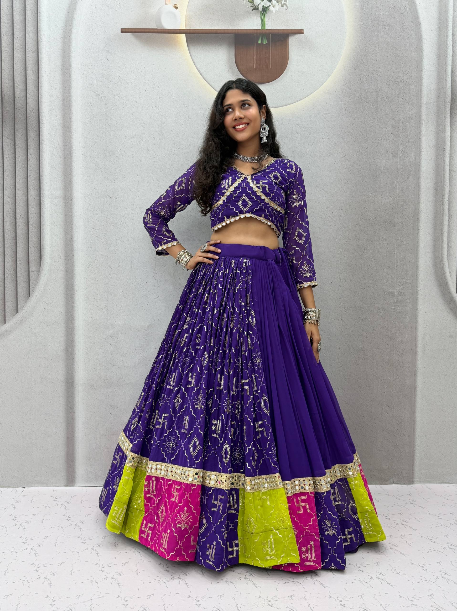 Women's Purple Navratri Lehenga Choli with Pink Bandhani Dupatta | Designer Garba Dress