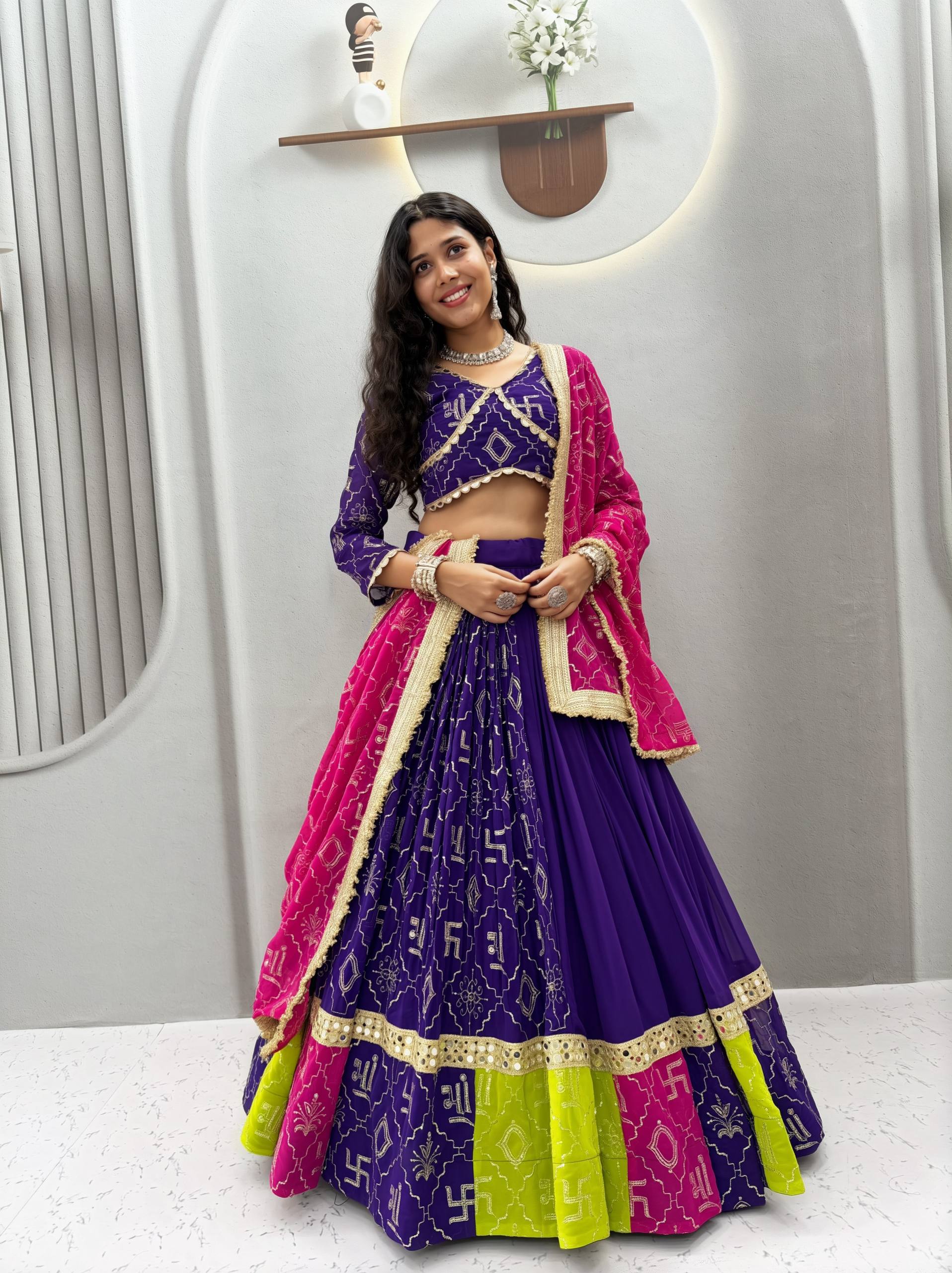 Women's Purple Navratri Lehenga Choli with Pink Bandhani Dupatta | Designer Garba Dress