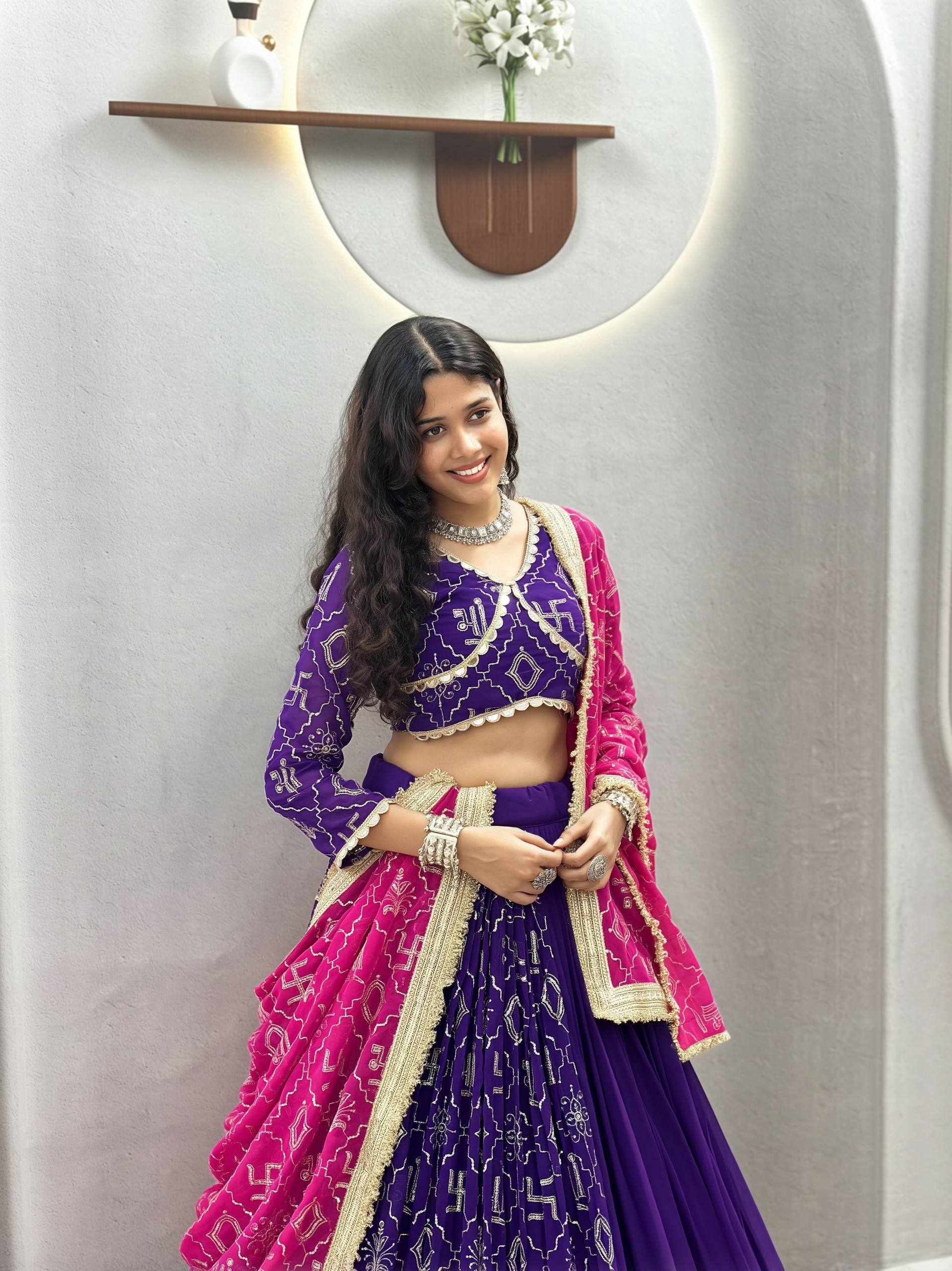 Women's Purple Navratri Lehenga Choli with Pink Bandhani Dupatta | Designer Garba Dress