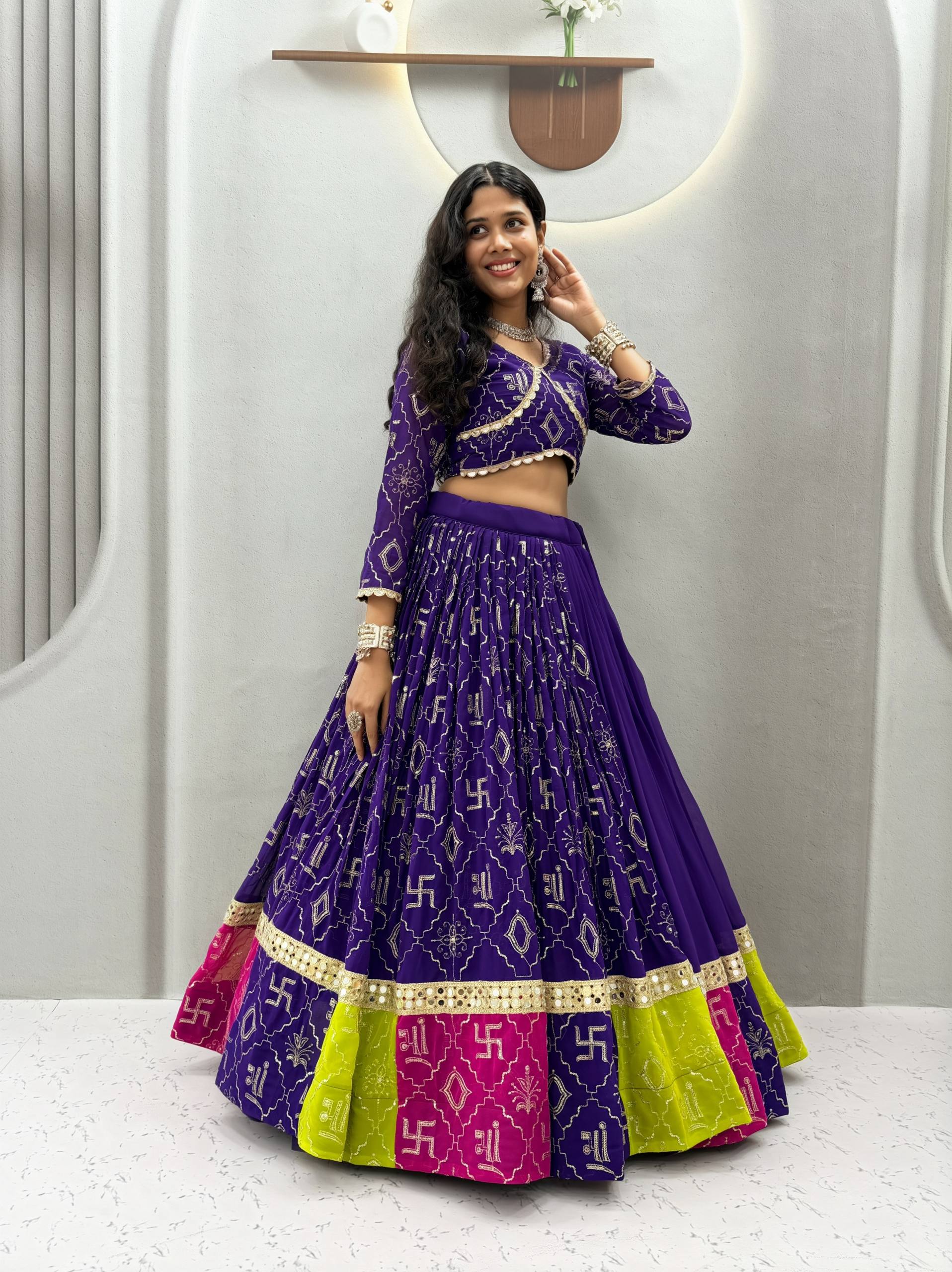 Women's Purple Navratri Lehenga Choli with Pink Bandhani Dupatta | Designer Garba Dress