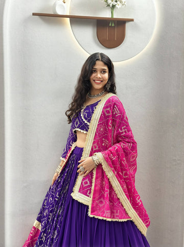 Women's Purple Navratri Lehenga Choli with Pink Bandhani Dupatta | Designer Garba Dress