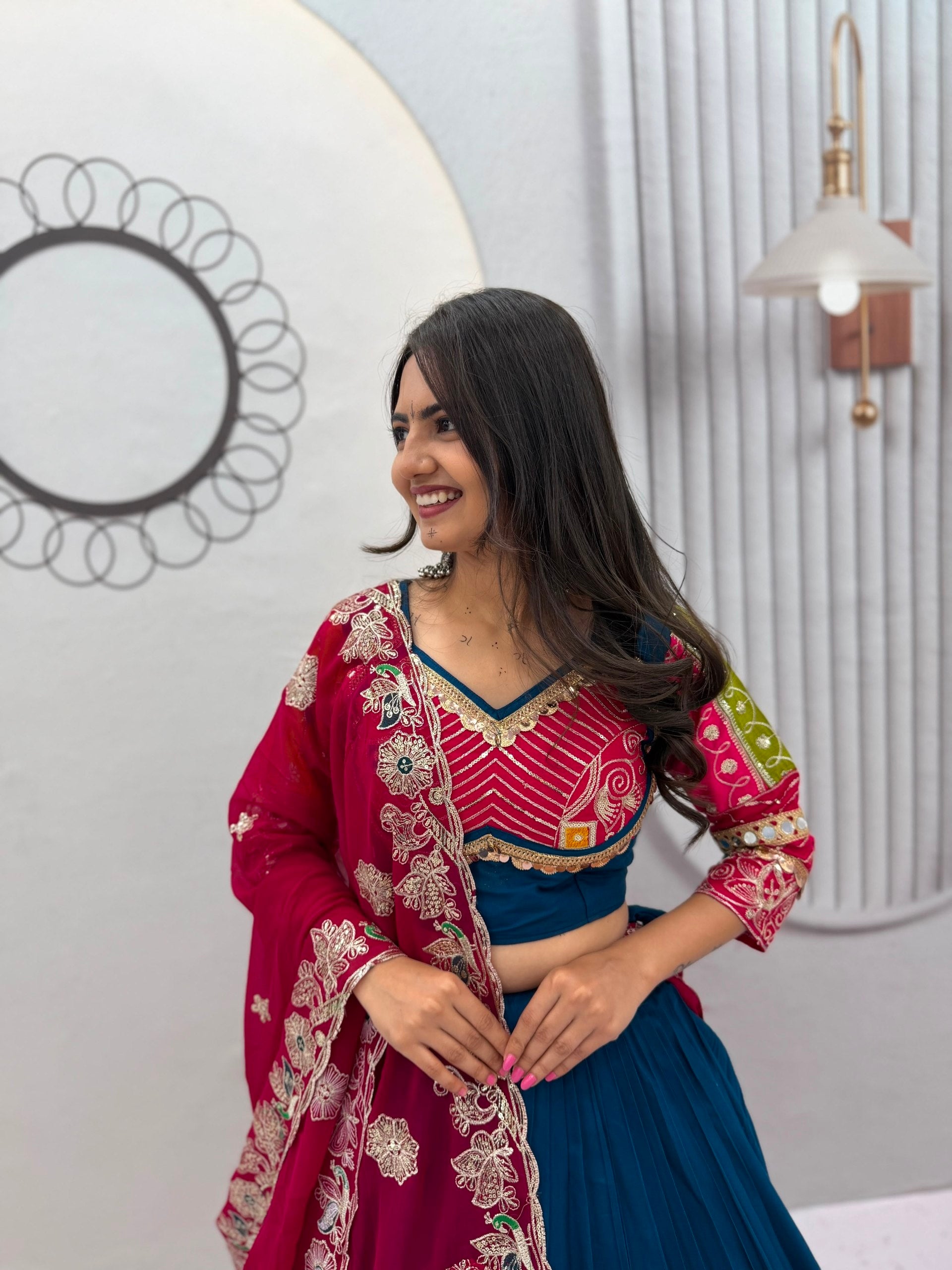 Women's Teal Blue Pure Cotton Navratri Lehenga Choli with Embroidered Cape Dupatta | 6 Meter Flair