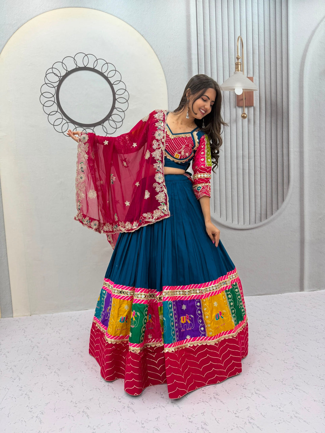 Women's Teal Blue Pure Cotton Navratri Lehenga Choli with Embroidered Cape Dupatta | 6 Meter Flair