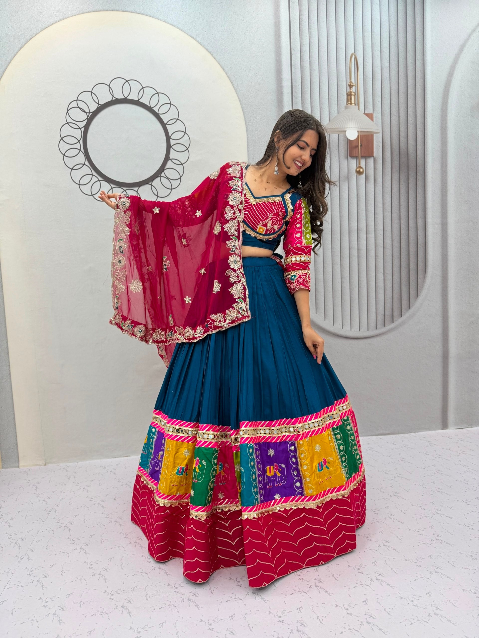 Women's Teal Blue Pure Cotton Navratri Lehenga Choli with Embroidered Cape Dupatta | 6 Meter Flair