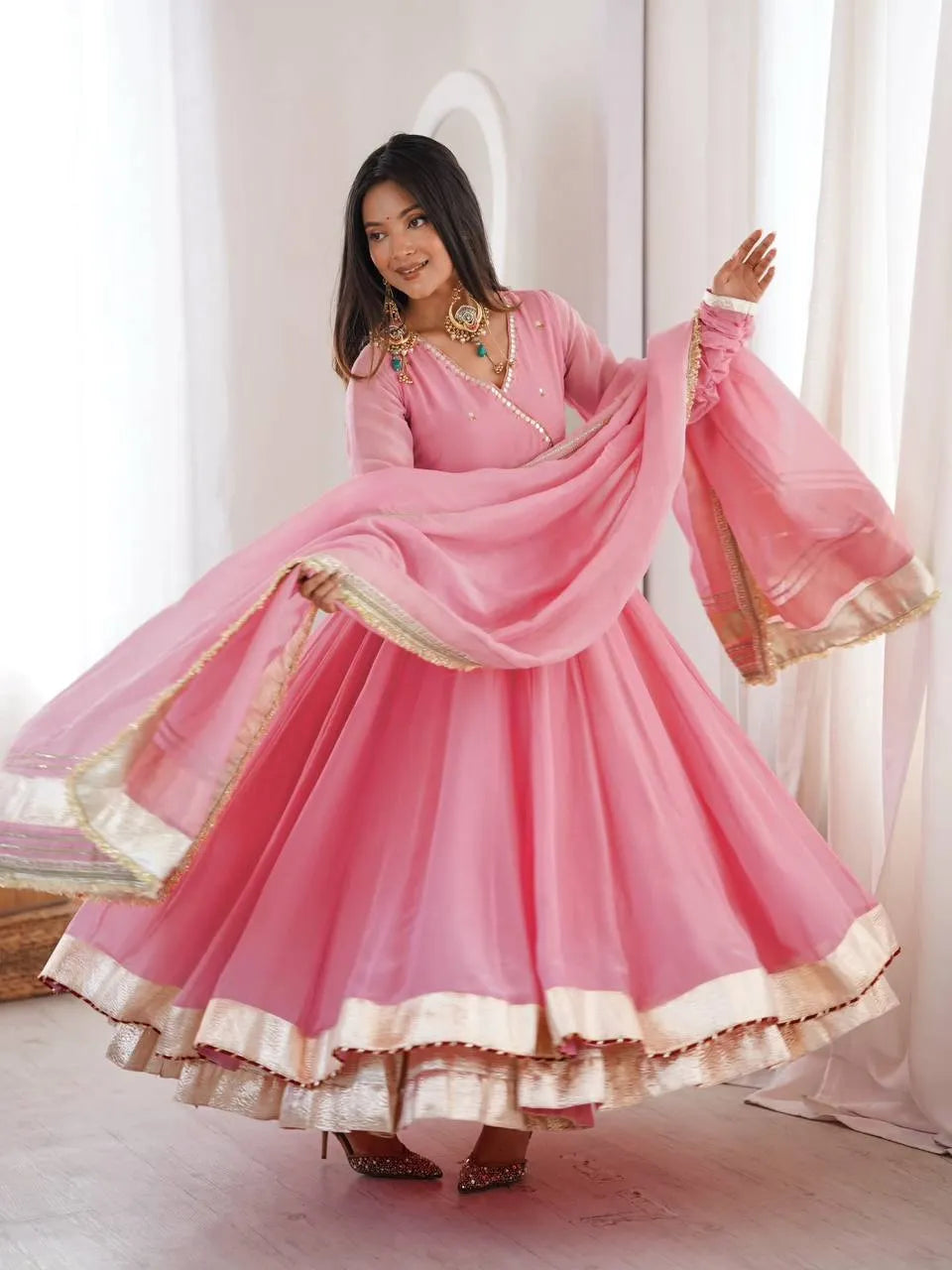 pink organza lehenga set