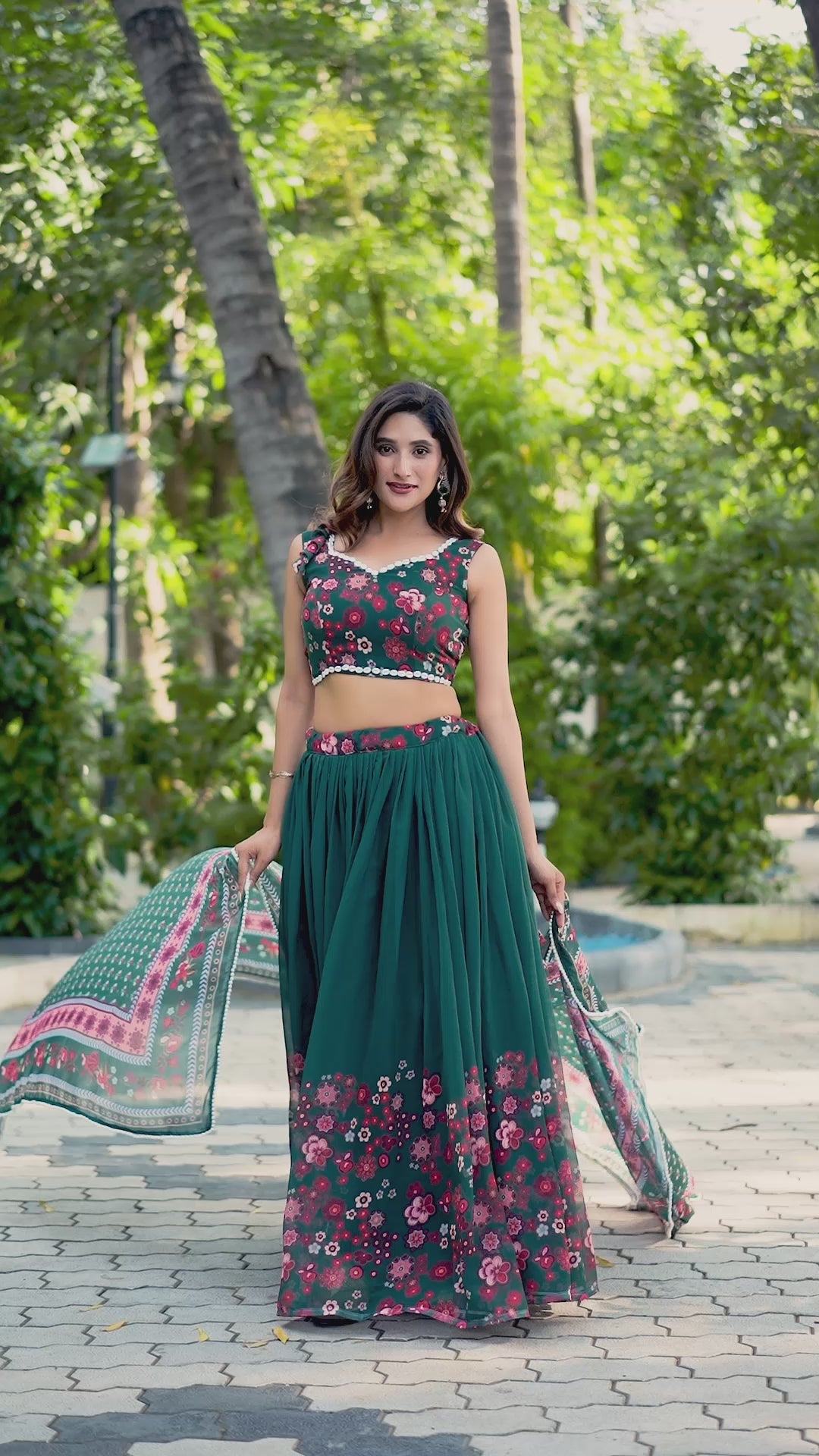 Emerald Green Floral Printed Lehenga Choli Set with Designer Dupatta
