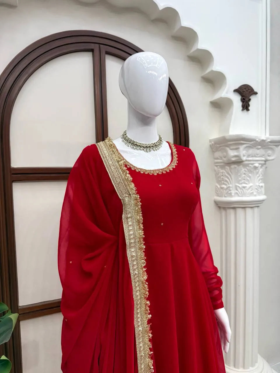 red designer anarkali