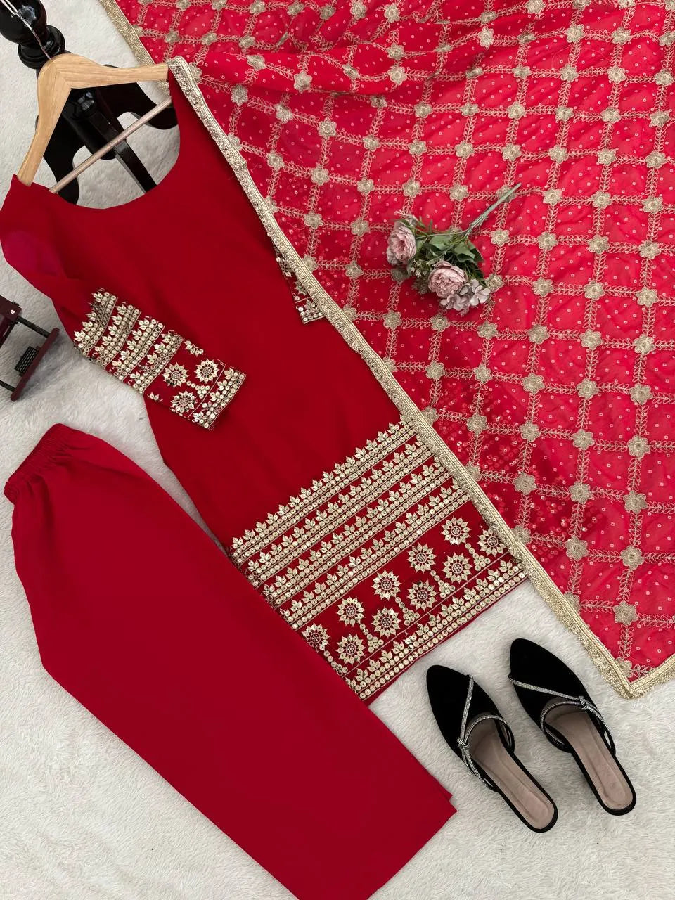 red designer kurta set
