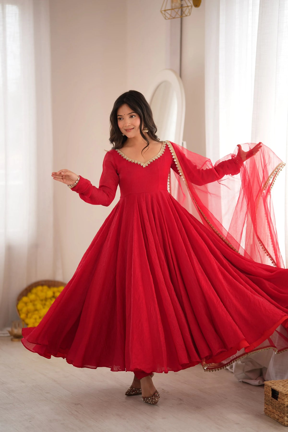 red mirror anarkali set
