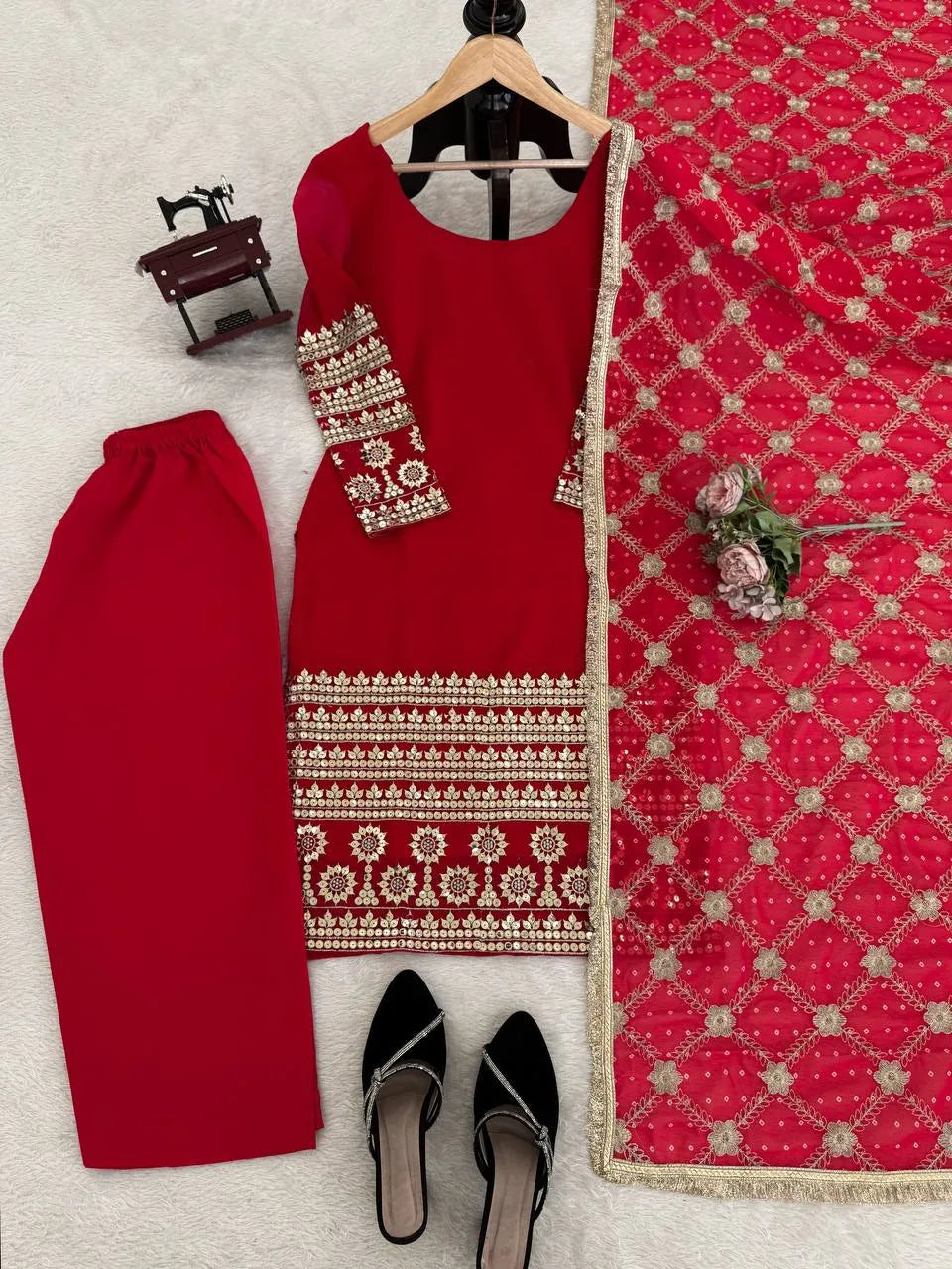 red sequin georgette suit