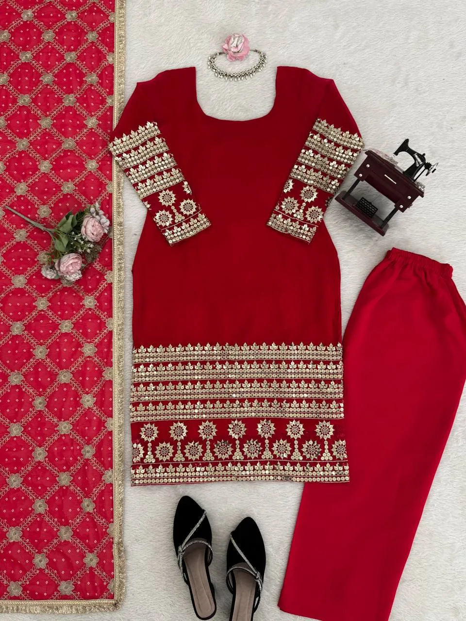 red straight kurta suit