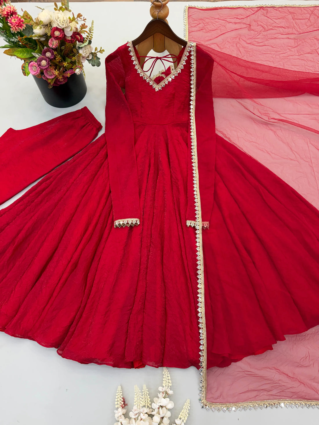 red mirror anarkali set