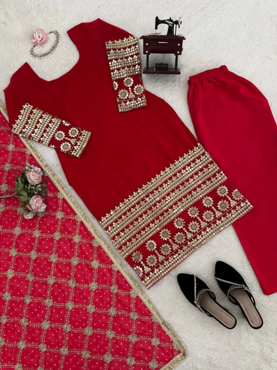 red wedding suit