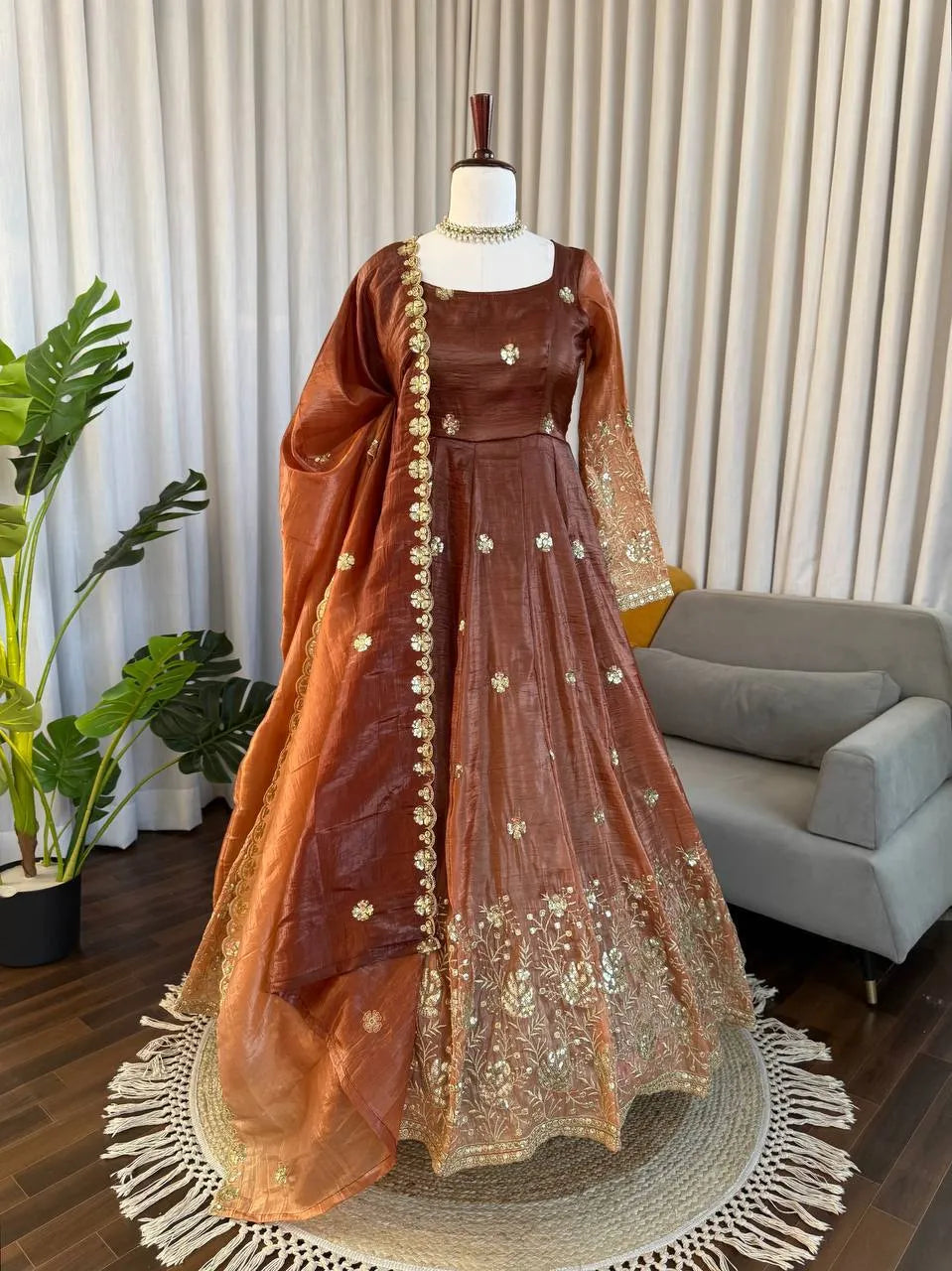 rust brown anarkali set