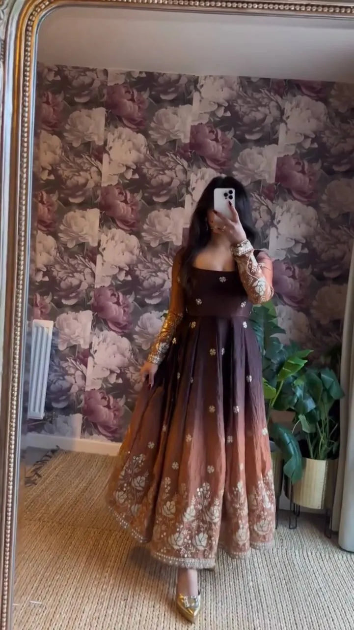rust brown chinon anarkali