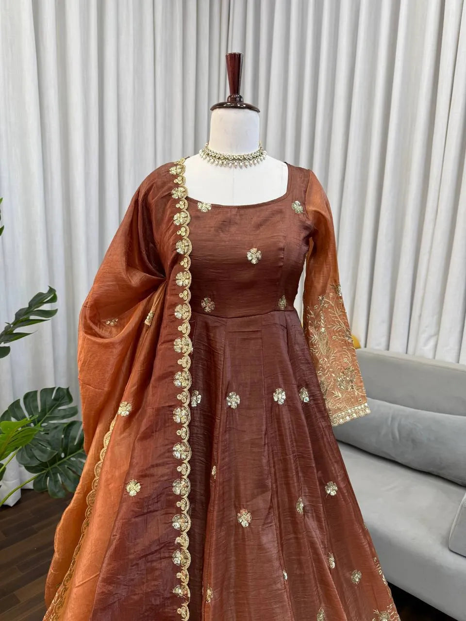 rust brown anarkali set