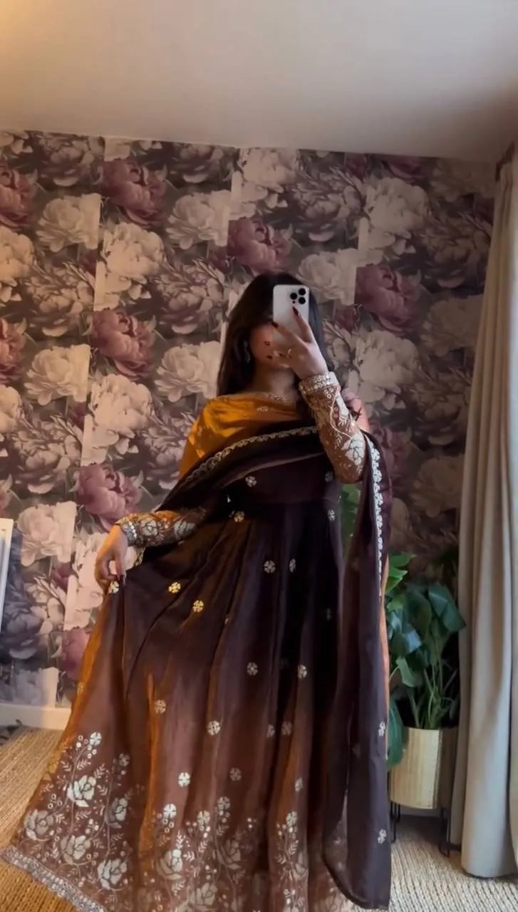 rust brown silk anarkali