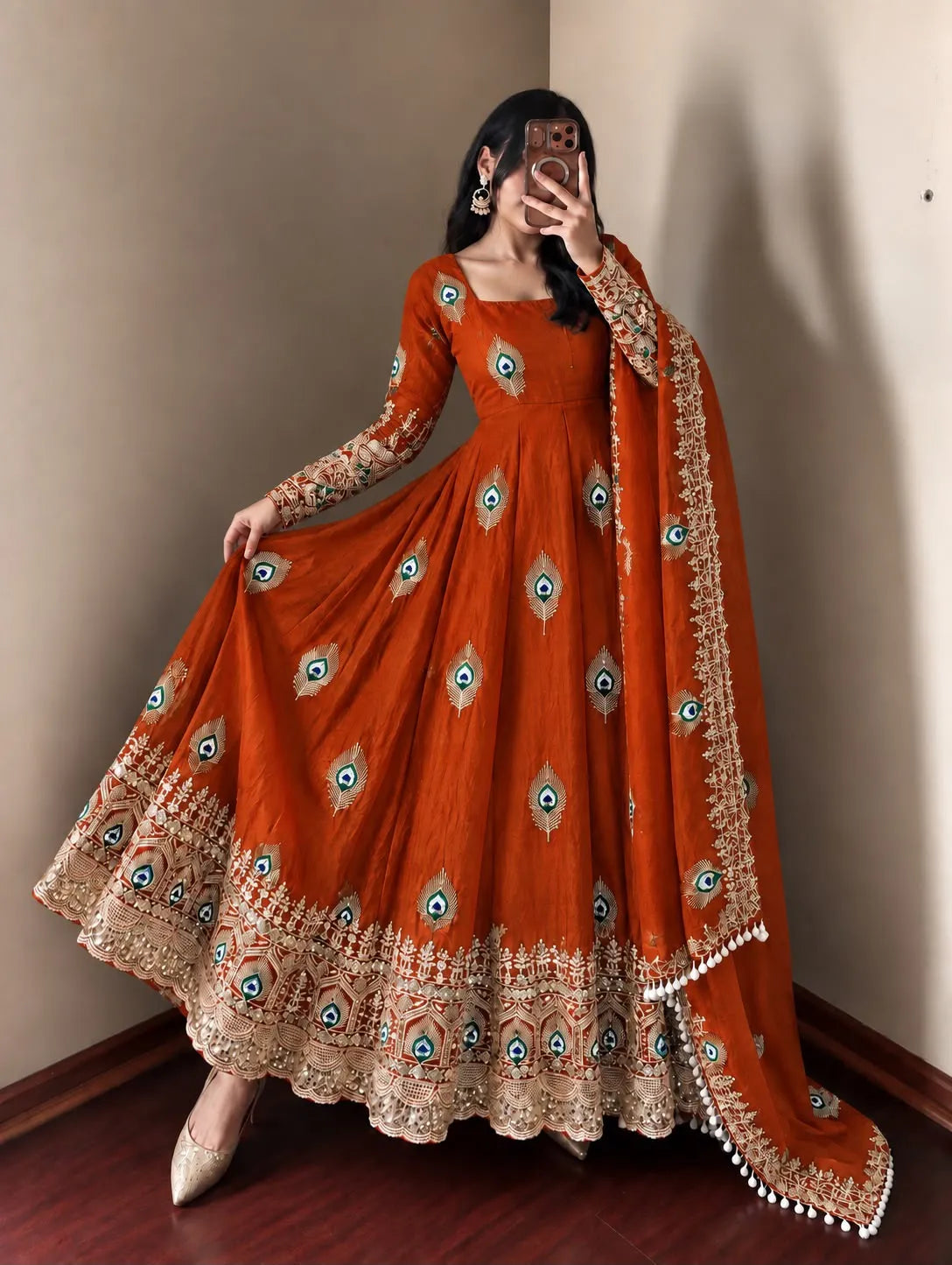 rust orange peacock anarkali