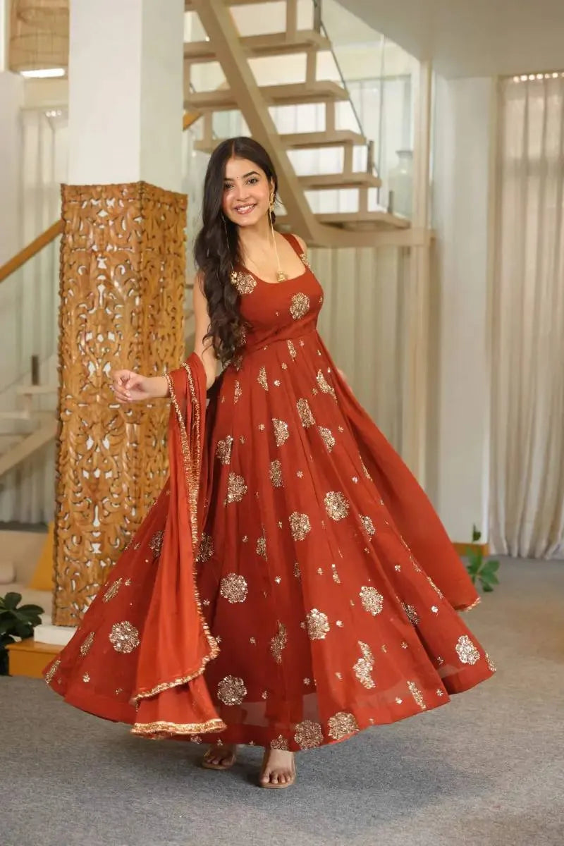 rust sequin anarkali set