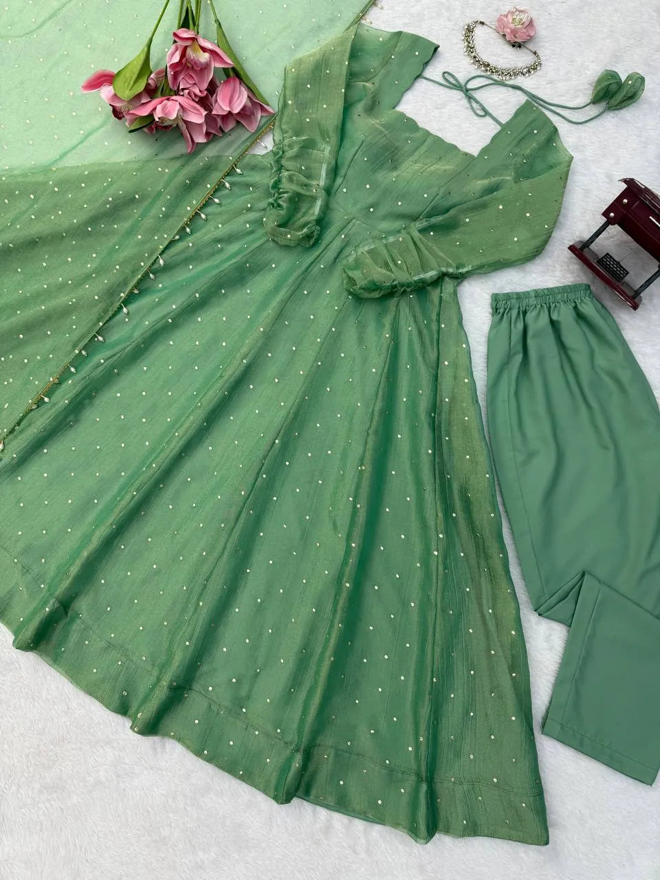 sage gown with dupatta