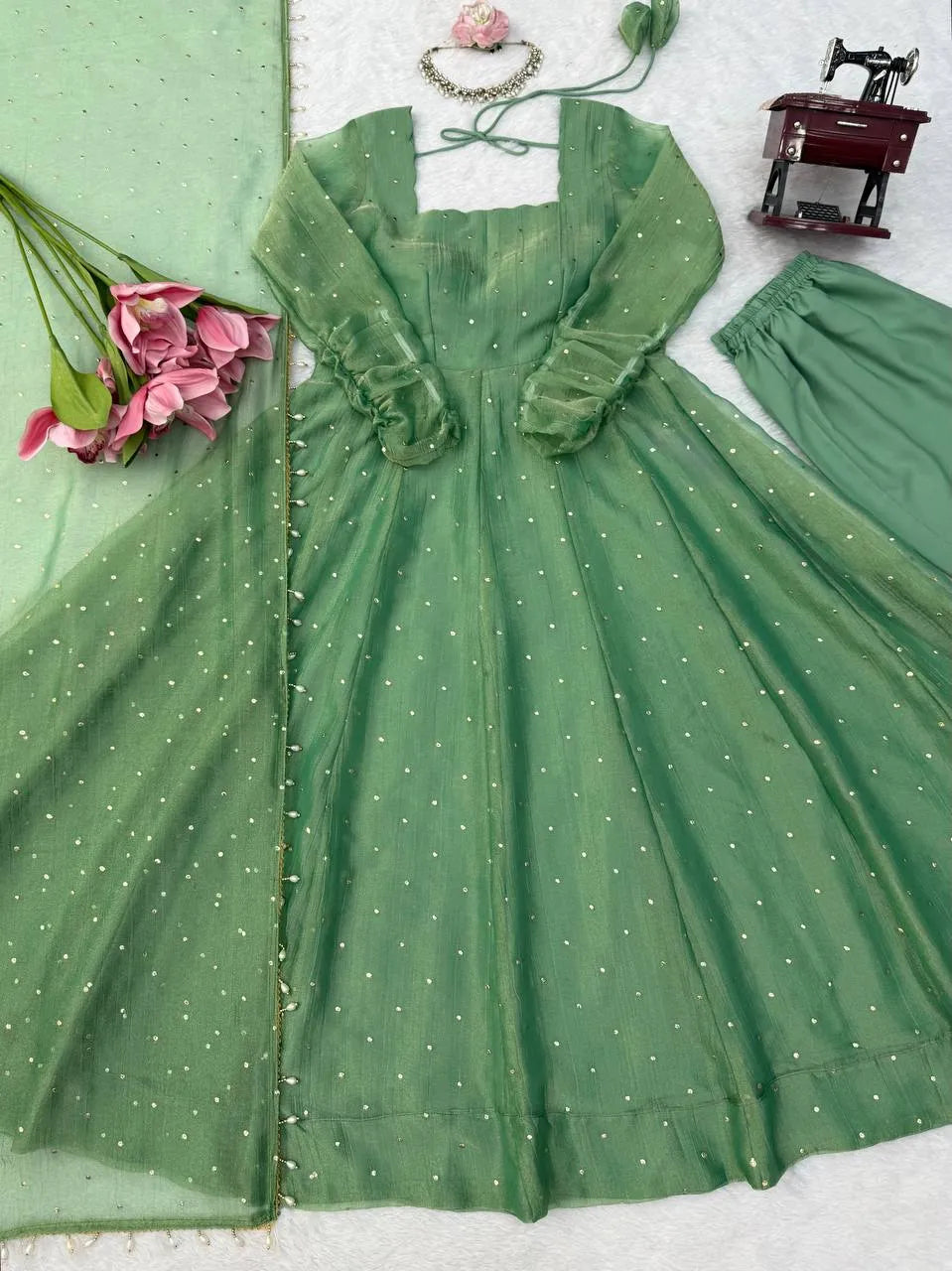 sage silk anarkali set