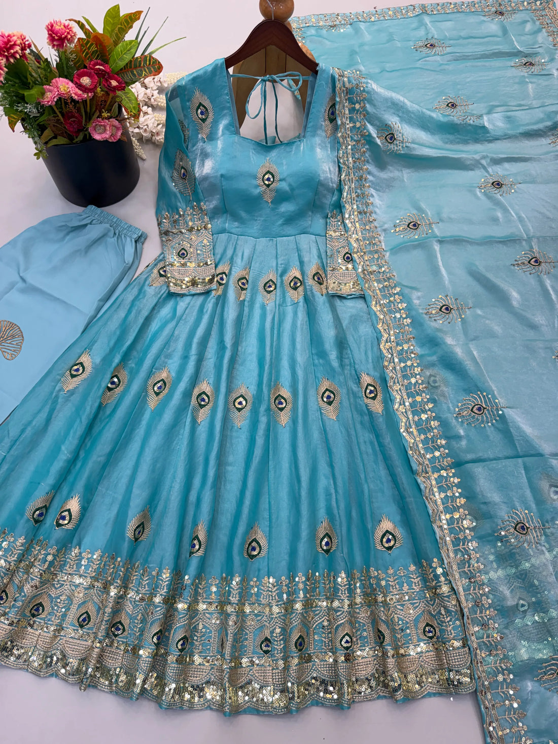 sky blue embroidered anarkali