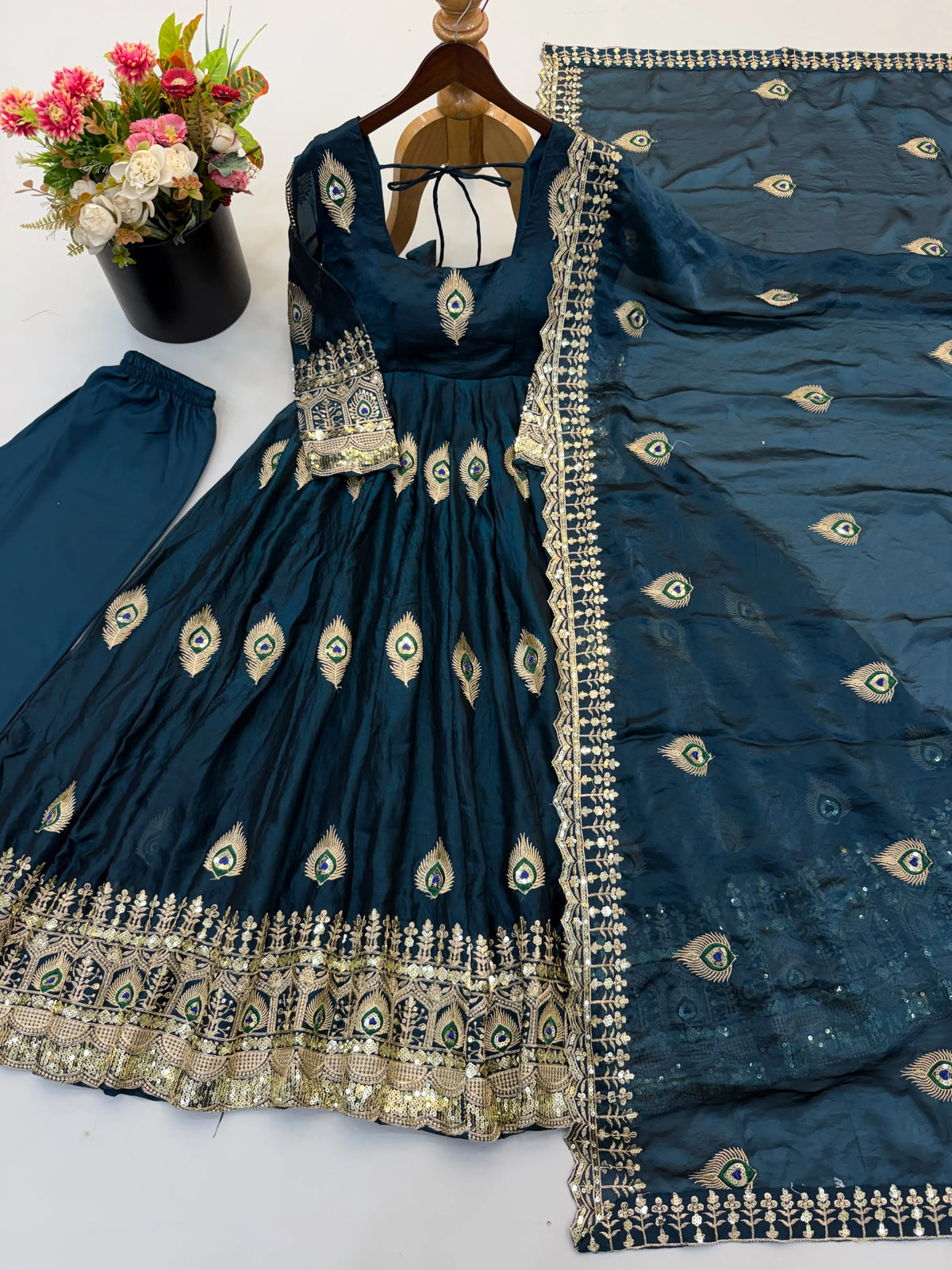 teal blue peacock anarkali