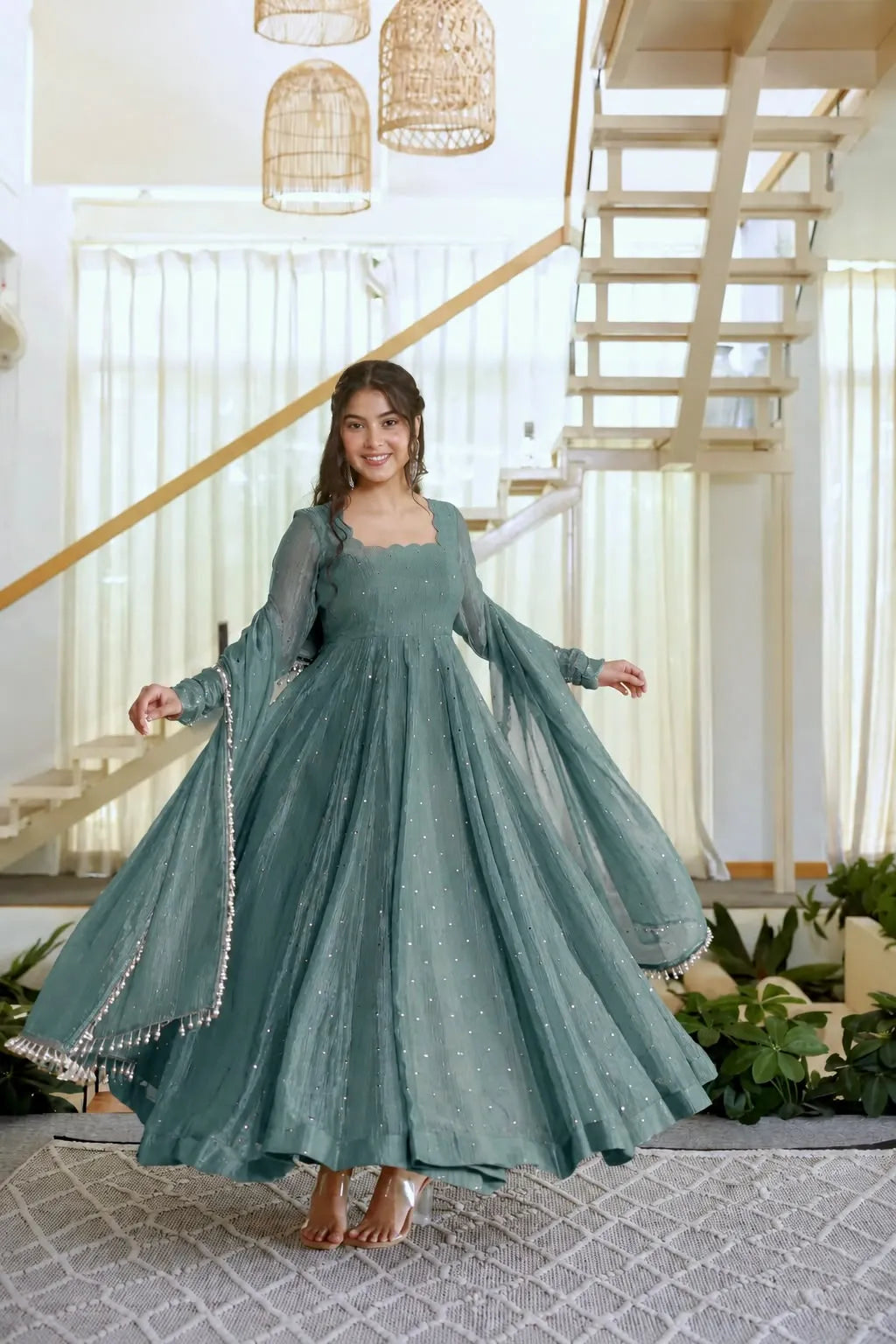 teal silk anarkali suit
