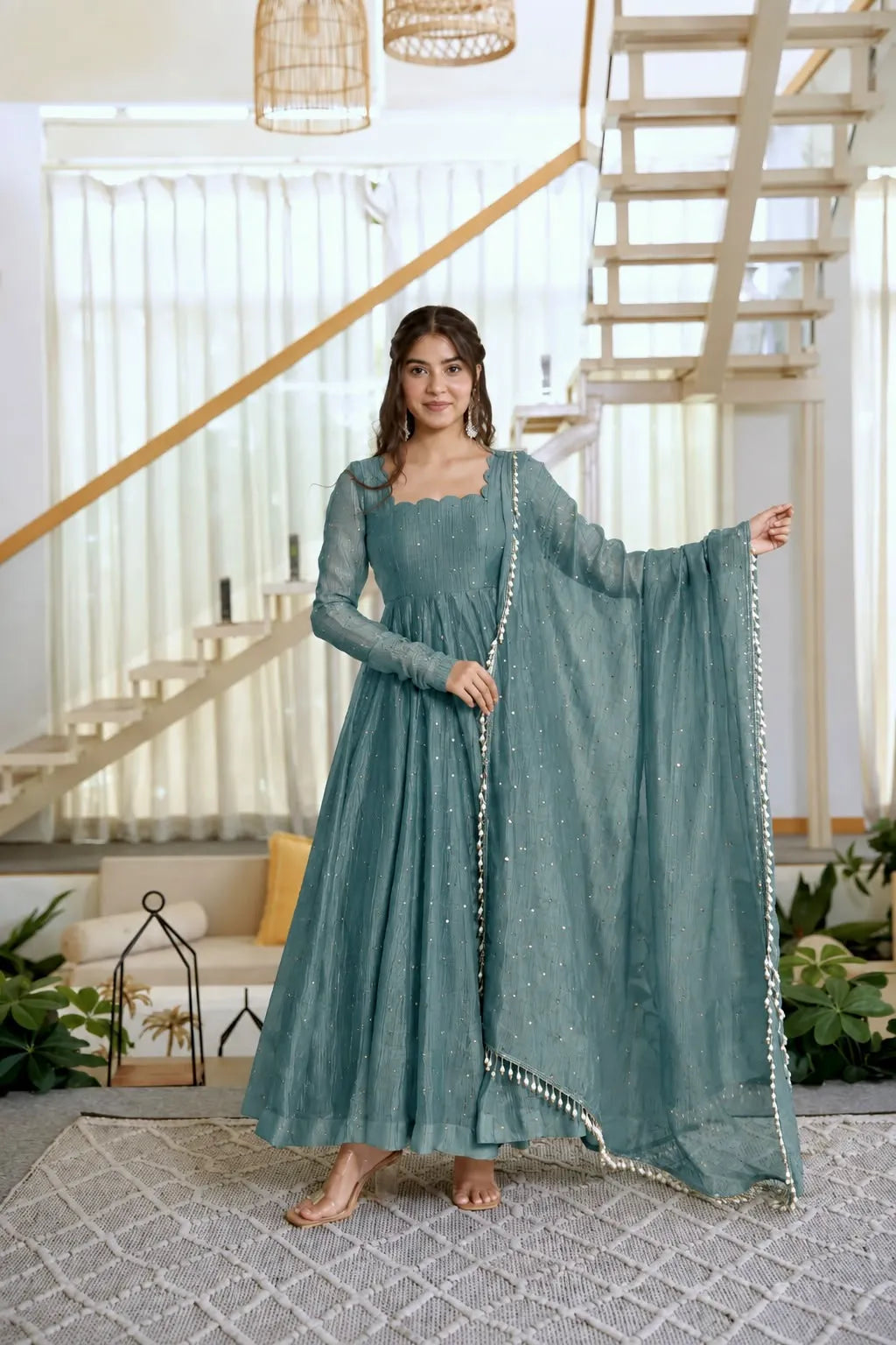 teal silk anarkali suit