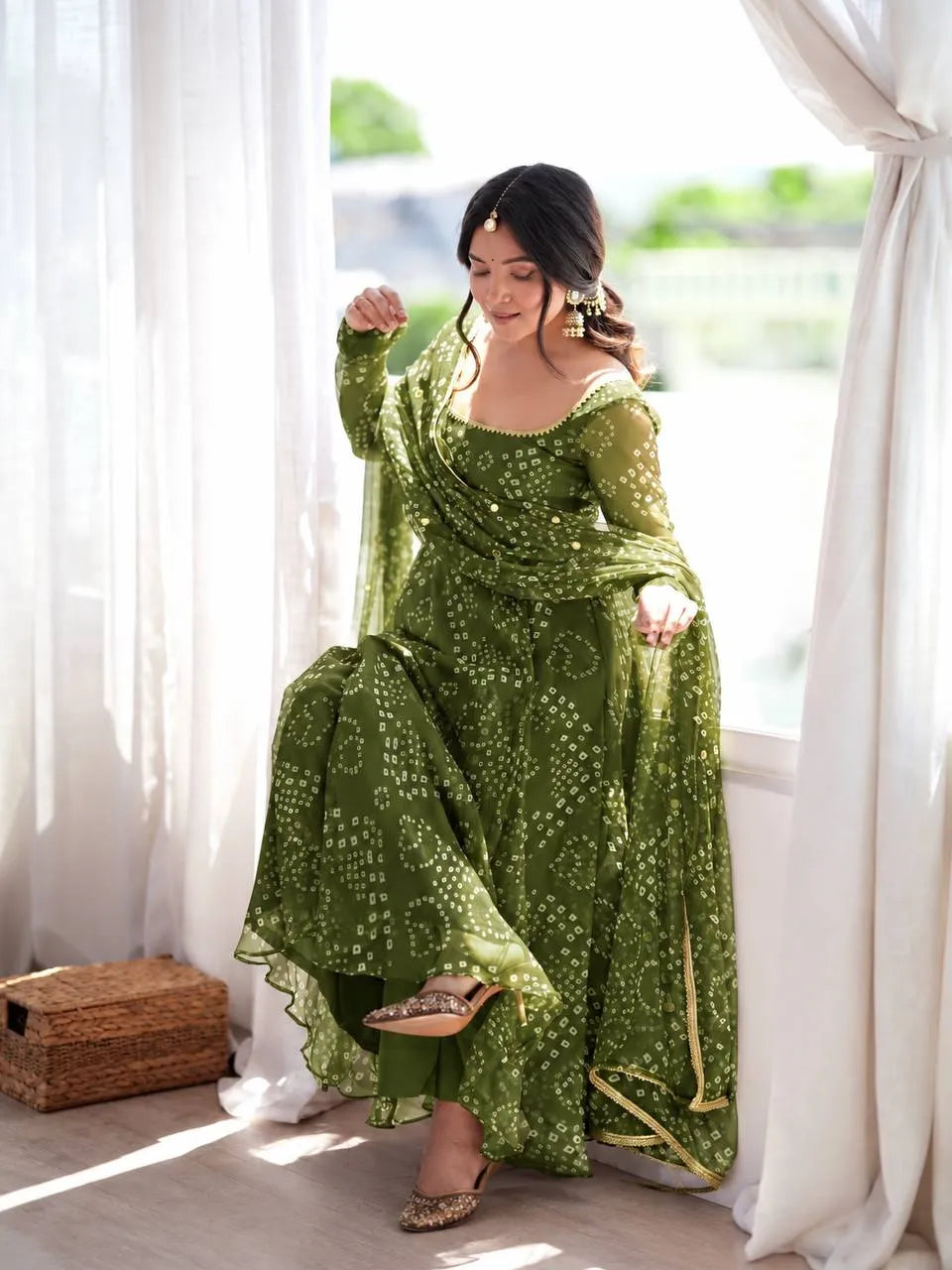 women olive green anarkali suit