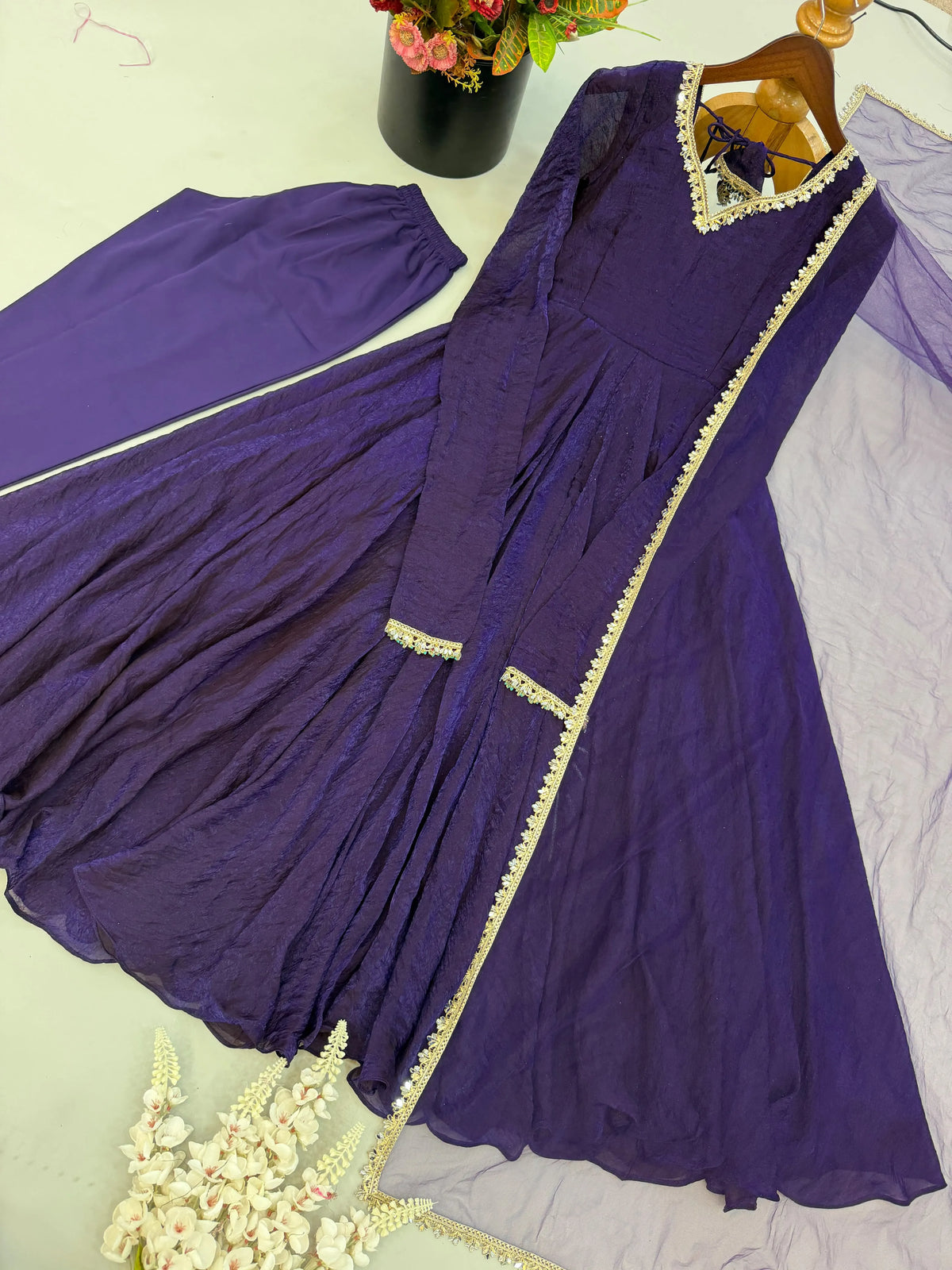 women purple mirror anarkali set