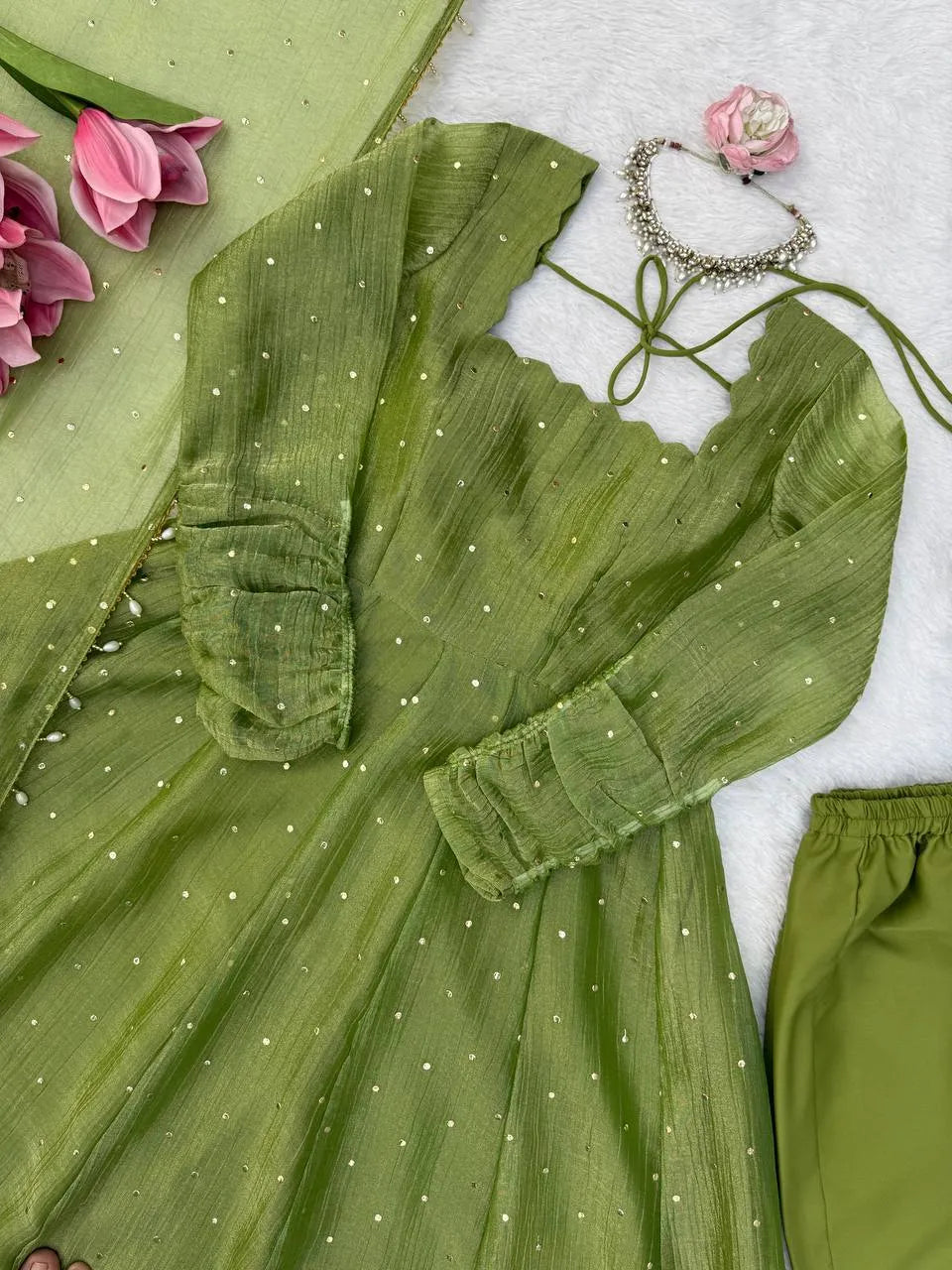 womens green anarkali set