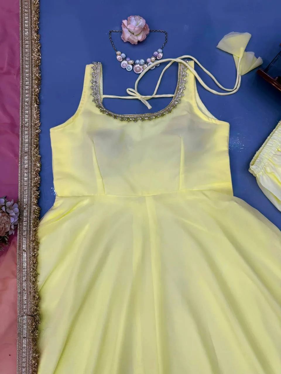 yellow stone lace anarkali